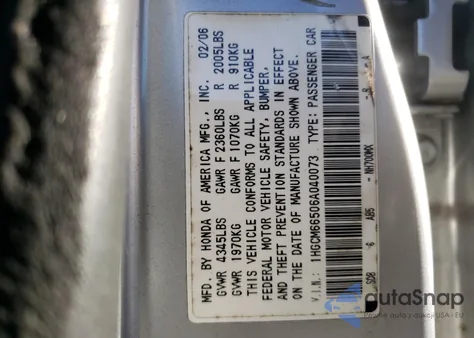 2006 Honda Accord Ex from USA, damaged, VIN 1HGCM66506A040073